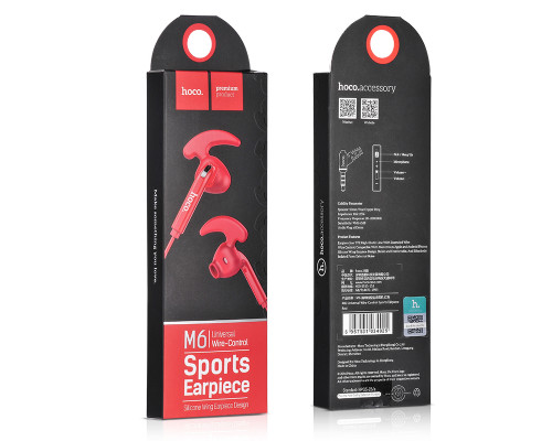 Проводные наушники HOCO M6 sport, Jack 3.5mm, 1.2 м, красный, контроллер с микрофоном