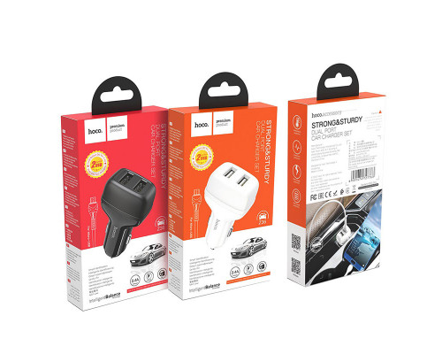 Автомобильное зарядное устройство HOCO Z36 Leader, 2.4A, белый, Двойной порт, зарядный кабель Micro USB