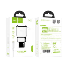 Зарядное устройство HOCO C59A, 2.4A, белый, lightning, двойной порт, быстрая зарядка