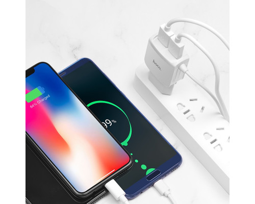 Зарядное устройство HOCO C59A, 2.4A, белый, lightning, двойной порт, быстрая зарядка